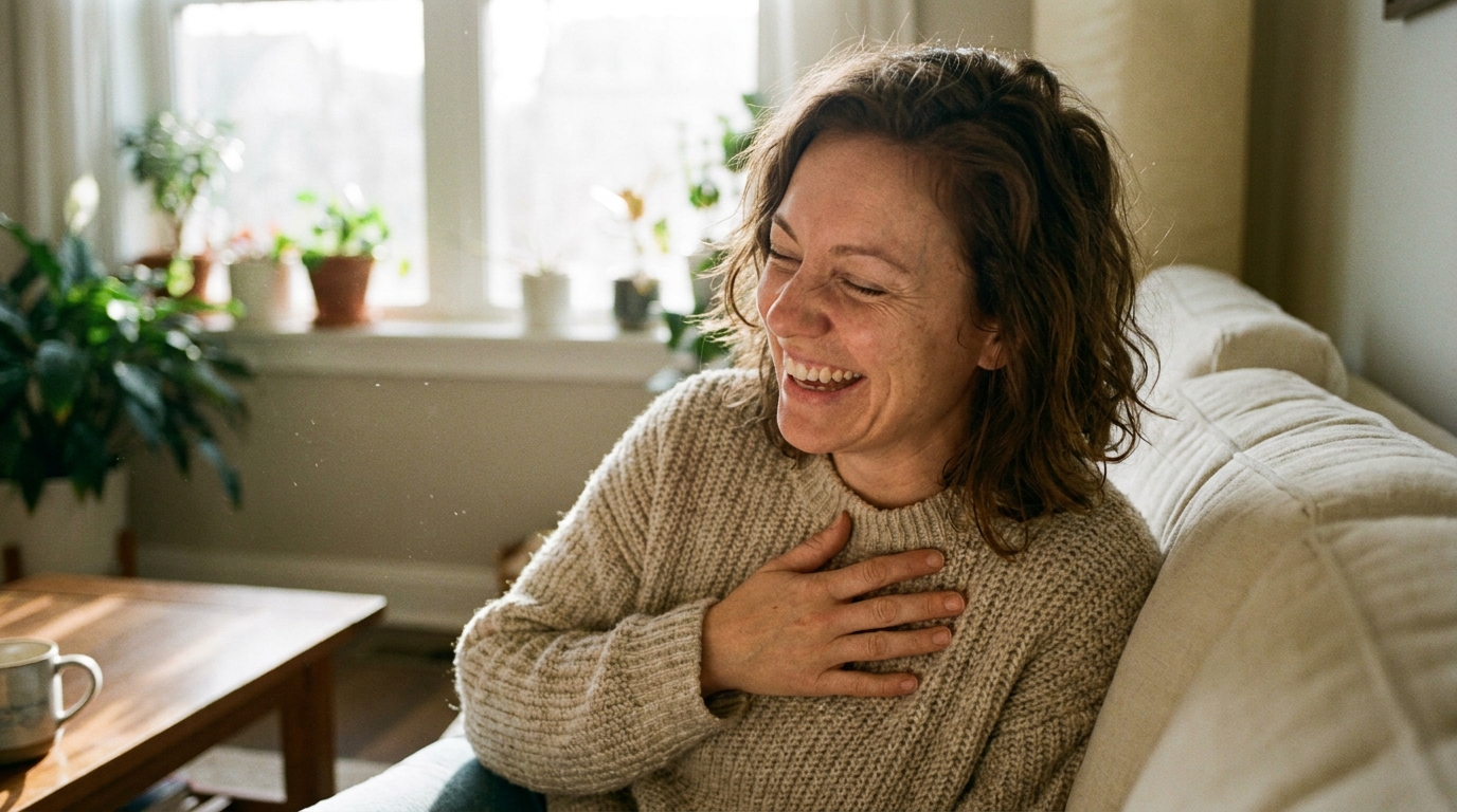 A woman exhaling, shoulders dropping in relief